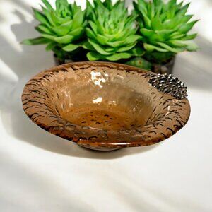Hand Blown Amber Art Glass Dish With Silver-Tone PINECONE Embellishment